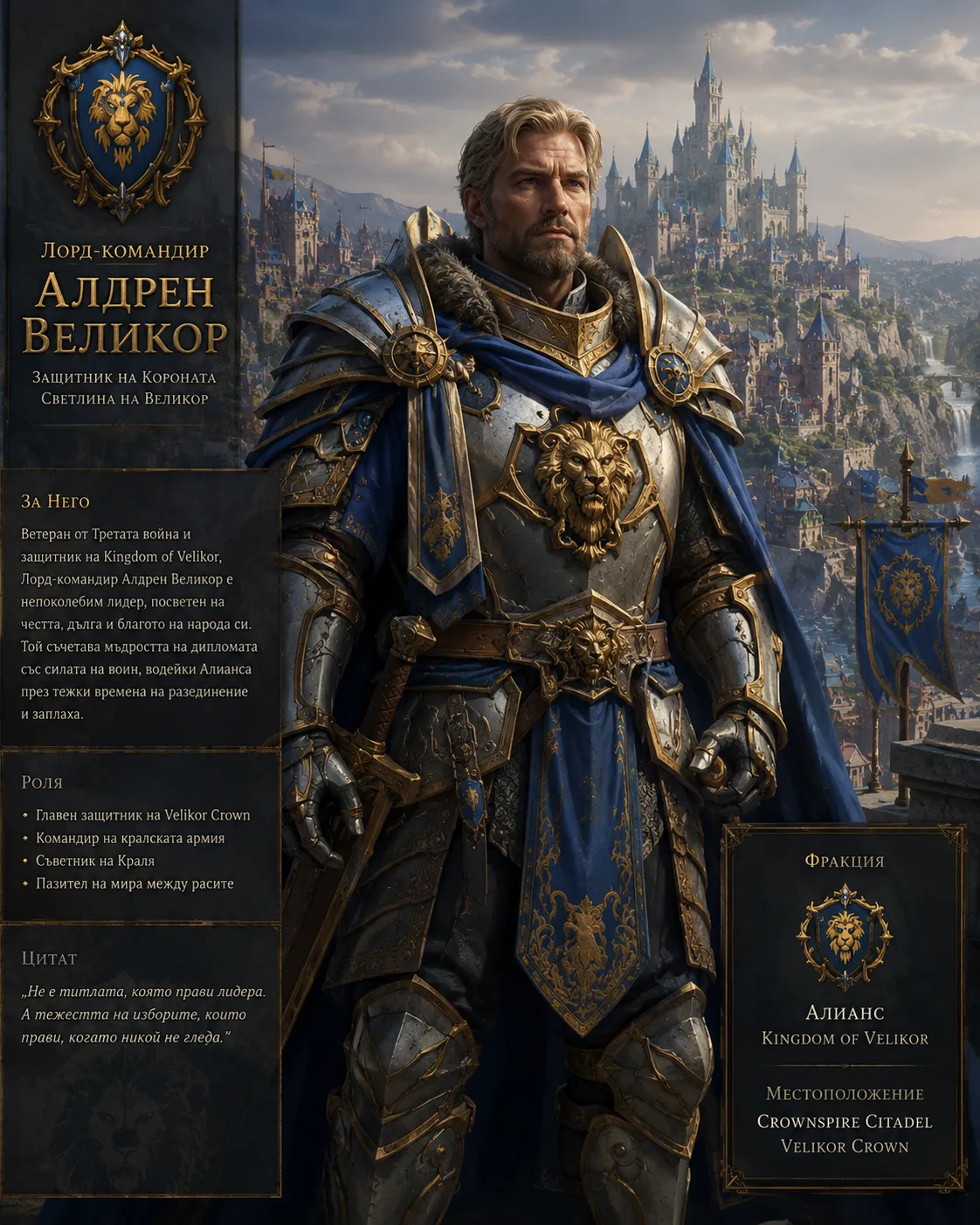 Карта на героя: Лорд-командир Алдрен Великор — човешкият водач на Velikor Crown