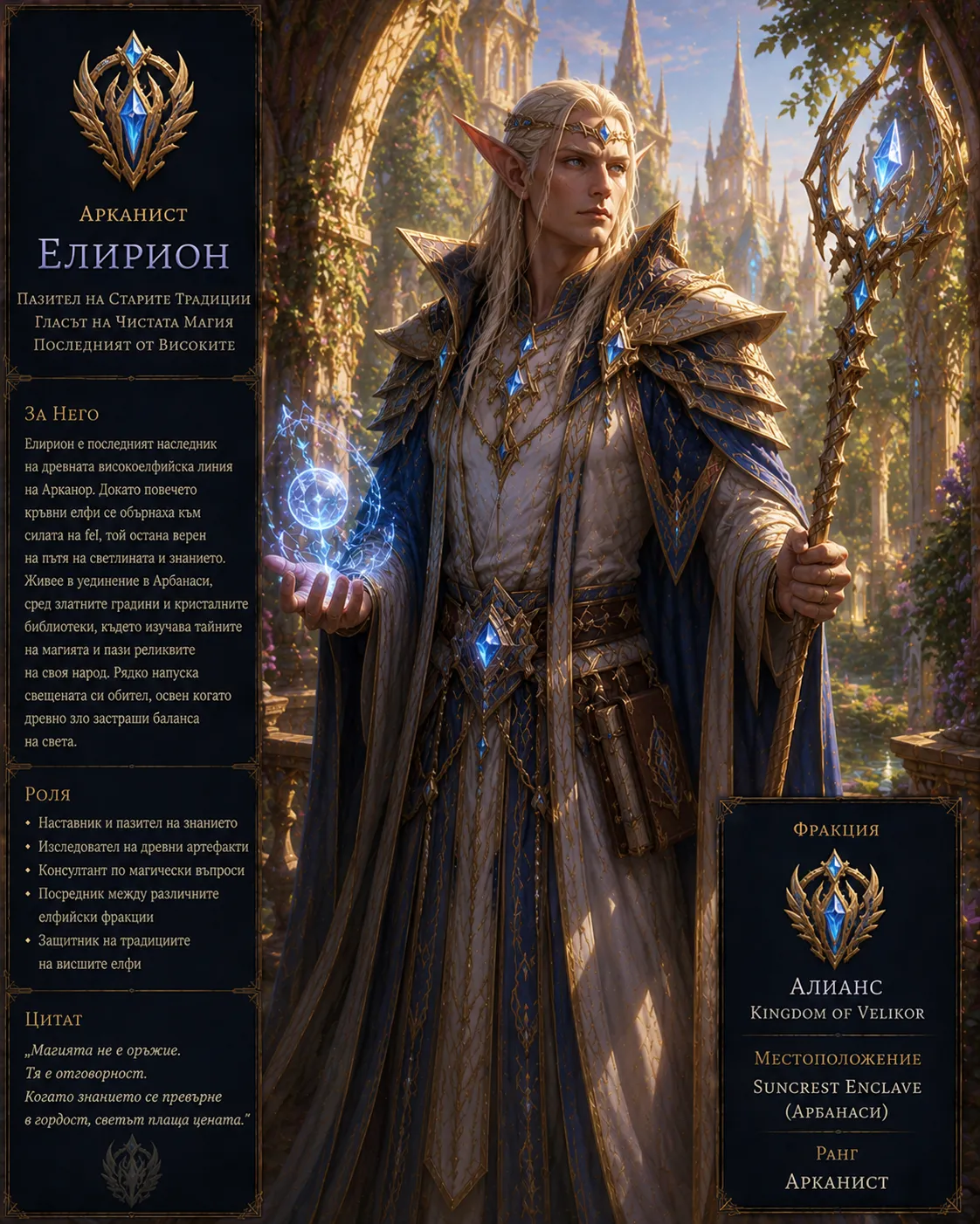 Карта на героя: Арканист Елирион — висш елф магистър от Suncrest Enclave / Арбанаси