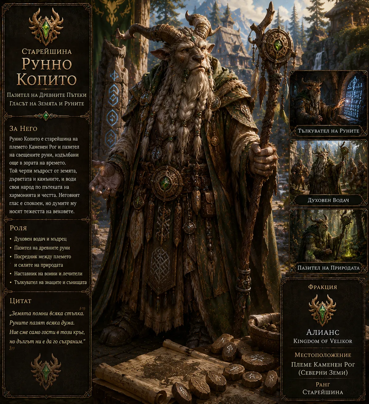Карта на героя: Старейшина Рунно Копито — таурен старейшина от Thunderhorn Plains / Бузлуджа