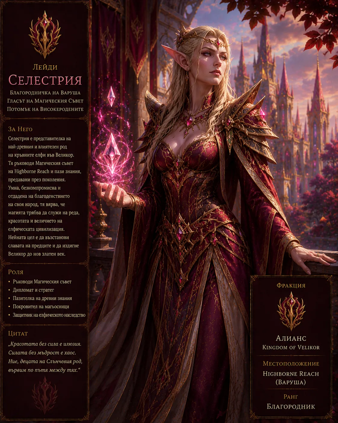 Карта на героя: Лейди Селестрия — кръвна елфическа благородничка от Highborne Reach / Варуша