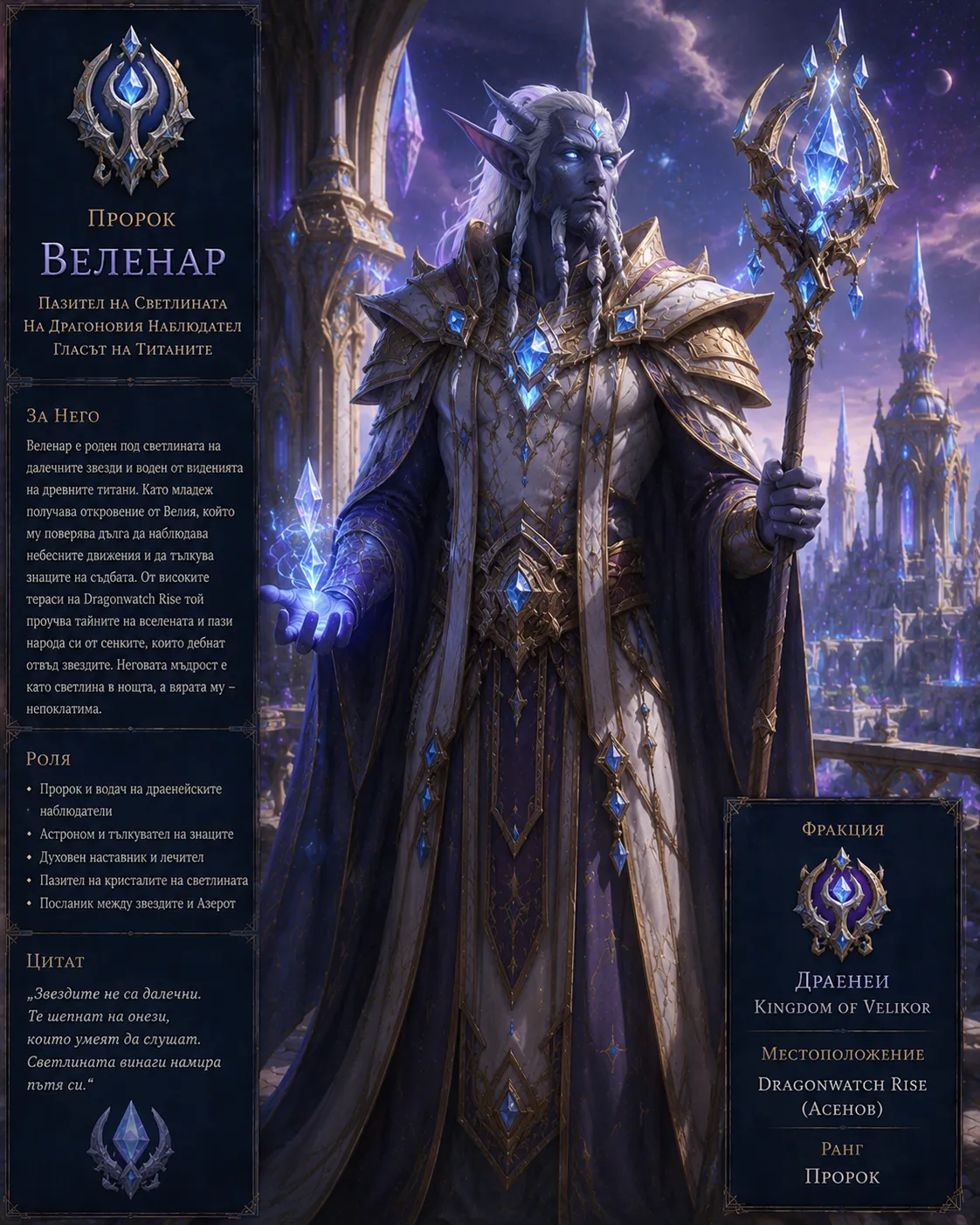 Карта на героя: Пророк Веленар — драеней жрец и астроном от Dragonwatch Rise / Асенов