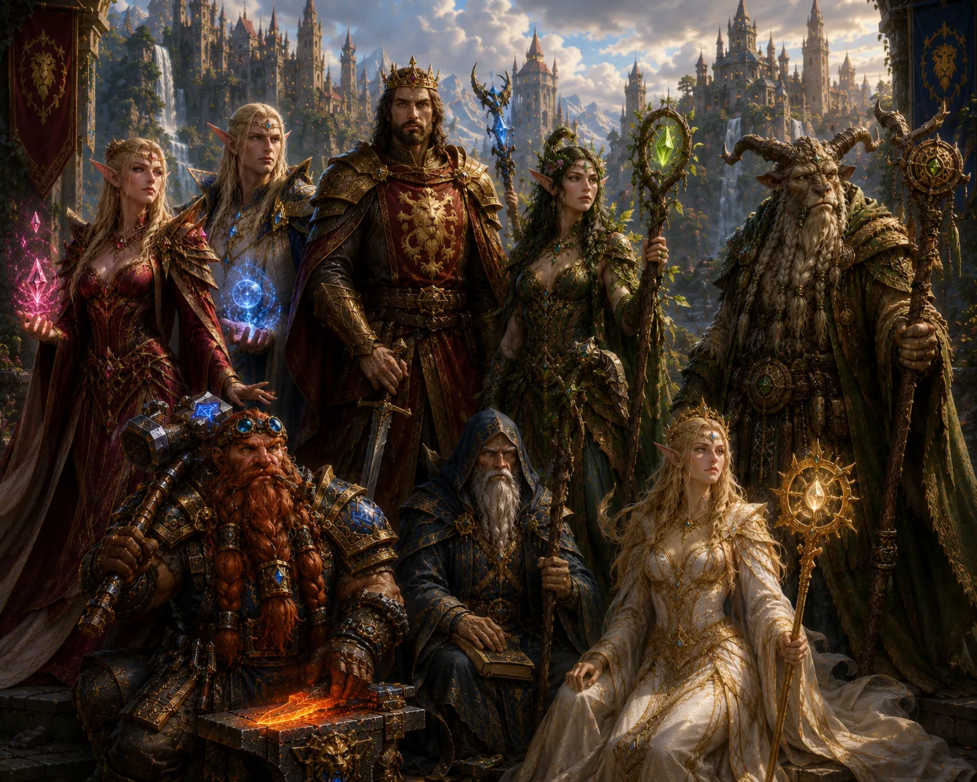 Жителите на Kingdom of Velikor, събрани заедно — хора, елфи, драеней и таурен от различните квартали